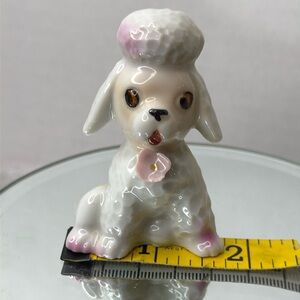 Poodle Dog Figurine sitting VTG Japan rare stamp pink accent color & flower 2.5”